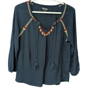 Lucky Brand Peasant Shirt with Tassels Navy Embroidered Detail